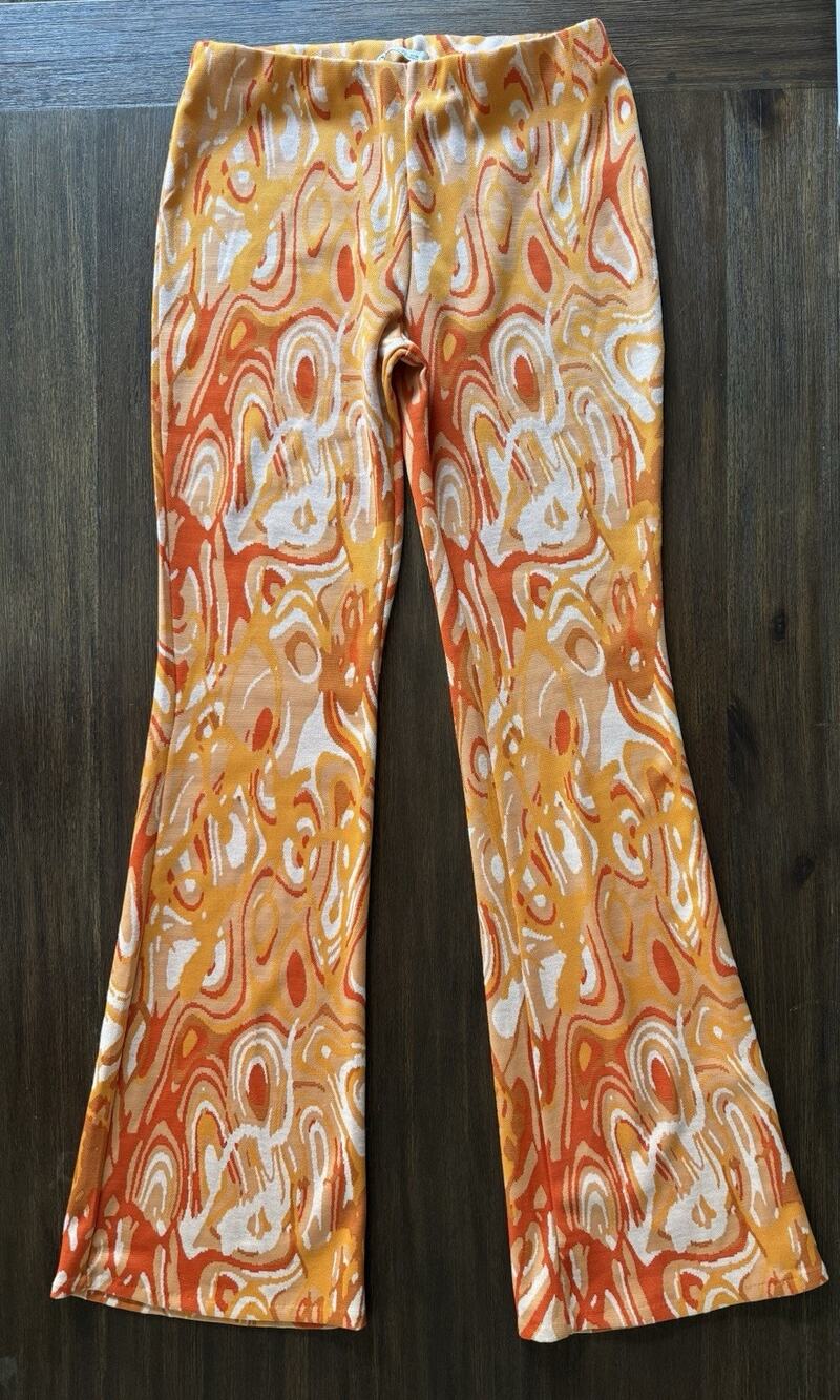 Flare Jacquard Pants Women’s Large Orange Swirl Hippie Boho Print Resort Zara